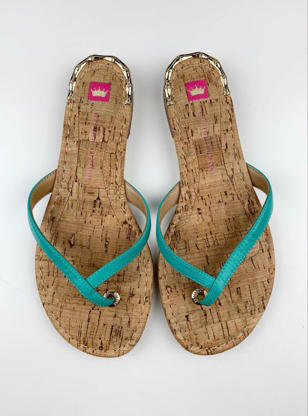 Elaine Turner Turquoise Blue Sandals Cork Slip On Thong Flip Flops Women's 6.5